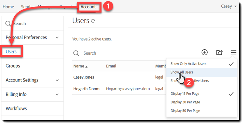 Navigate to users and Show All Users